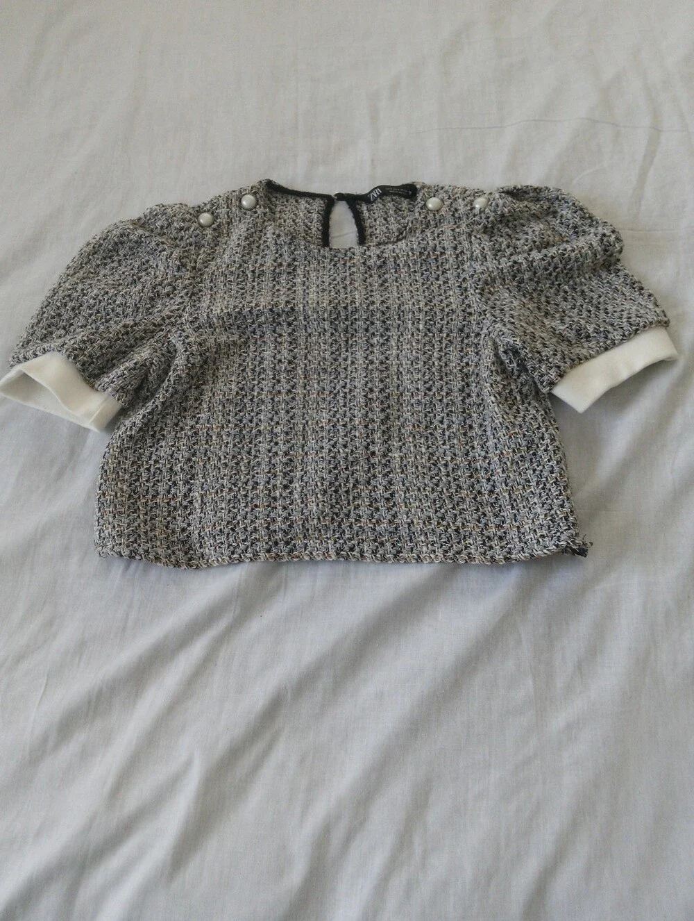 Zara Multicolor Bouclé Puff-Sleeve Top with Pearl Buttons